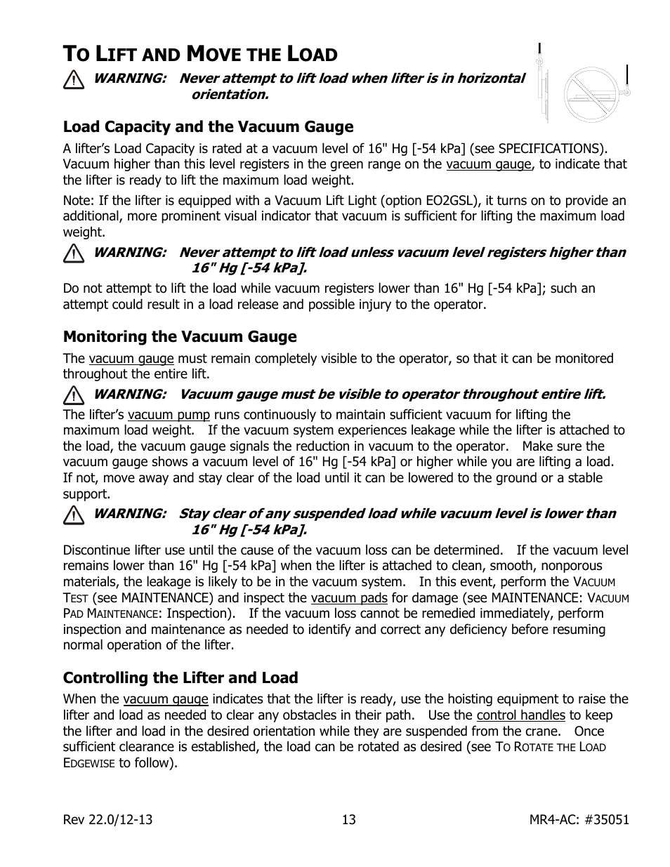 Ift and, Ove the, Load capacity and the vacuum gauge | Monitoring the vacuum gauge, Controlling the lifter and load | Wood’s Powr-Grip MR411LAC User Manual | Page 15 / 34