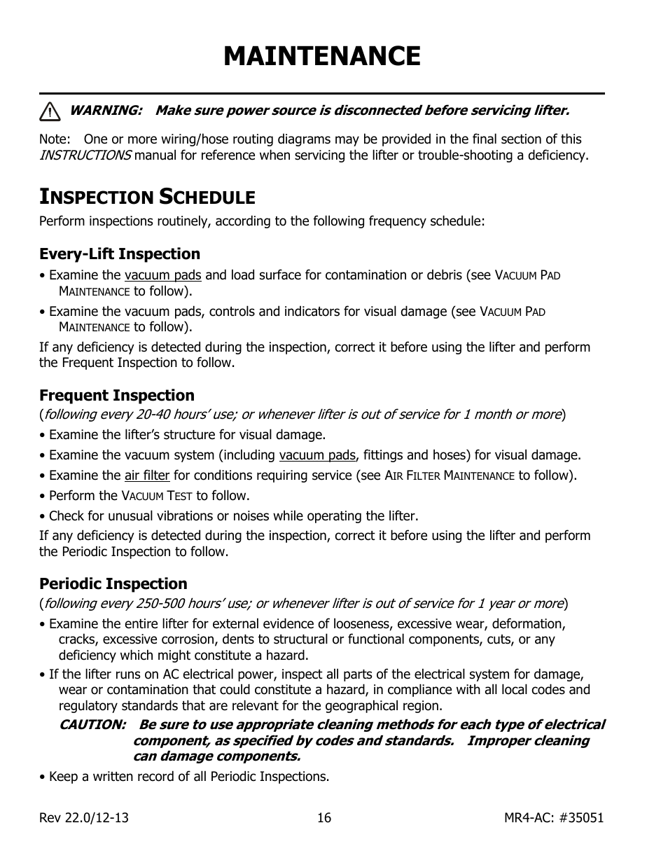 Maintenance, Nspection, Chedule | Every-lift inspection, Frequent inspection, Periodic inspection | Wood’s Powr-Grip MR411LAC User Manual | Page 18 / 34