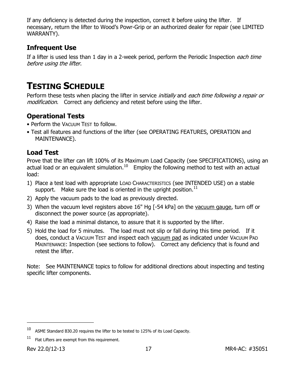 Infrequent use, Esting, Chedule | Operational tests, Load test | Wood’s Powr-Grip MR411LAC User Manual | Page 19 / 34