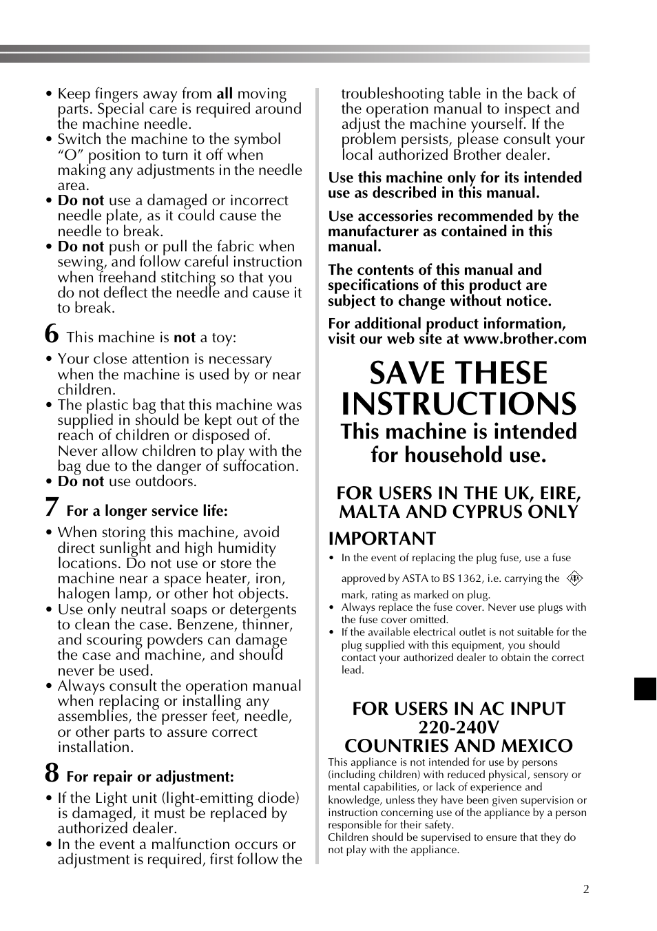 Save these instructions, This machine is intended for household use | Brother 885-X06 User Manual | Page 3 / 104