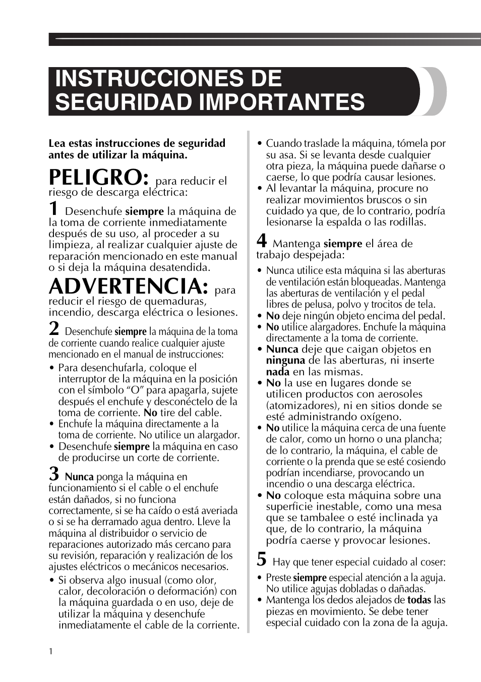 Instrucciones de seguridad importantes, Peligro, Advertencia | Para reducir el riesgo de descarga eléctrica | Brother 885-X06 User Manual | Page 52 / 104