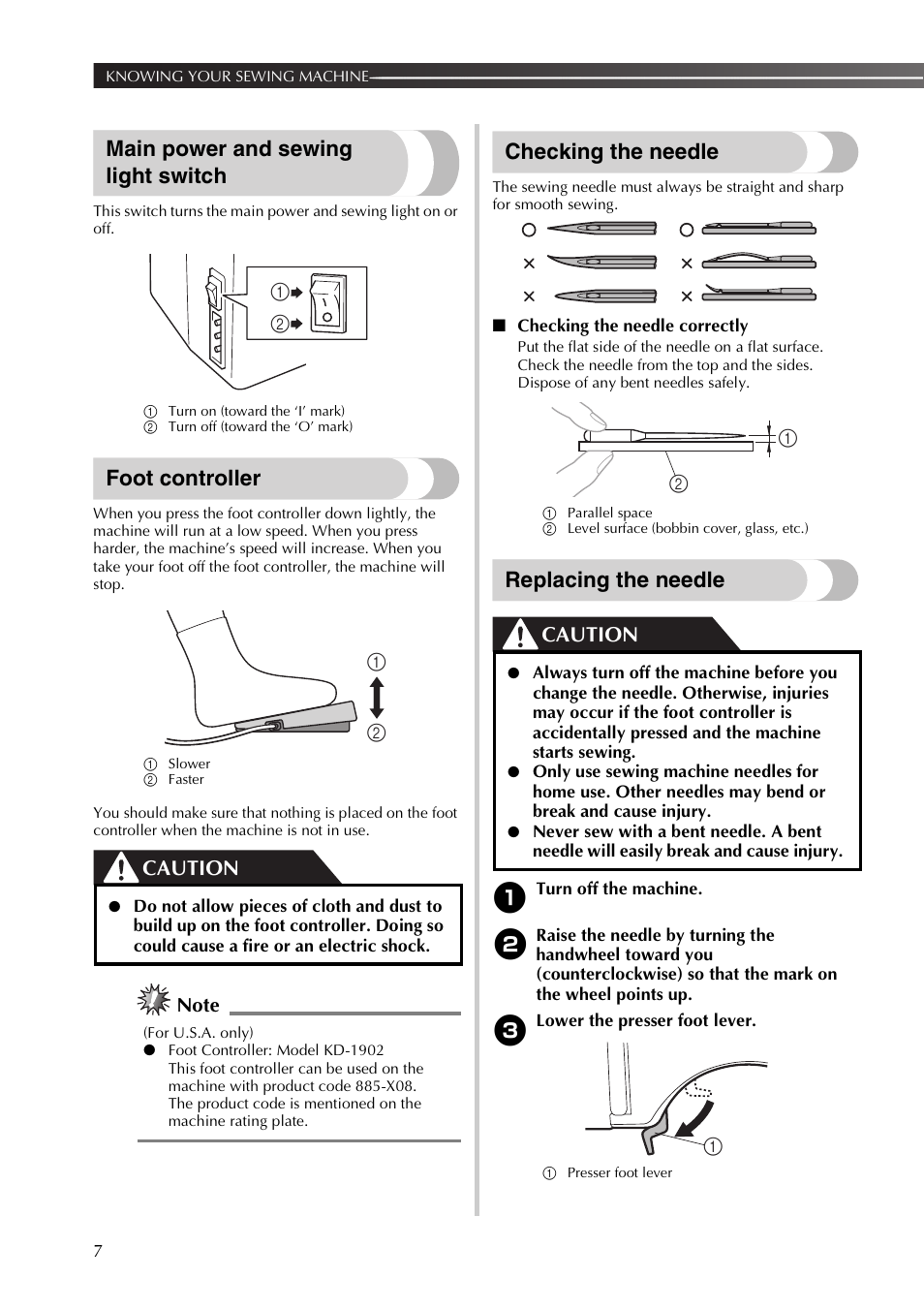 Main power and sewing light switch, Foot controller, Checking the needle | Replacing the needle, Caution | Brother 885-X06 User Manual | Page 8 / 104