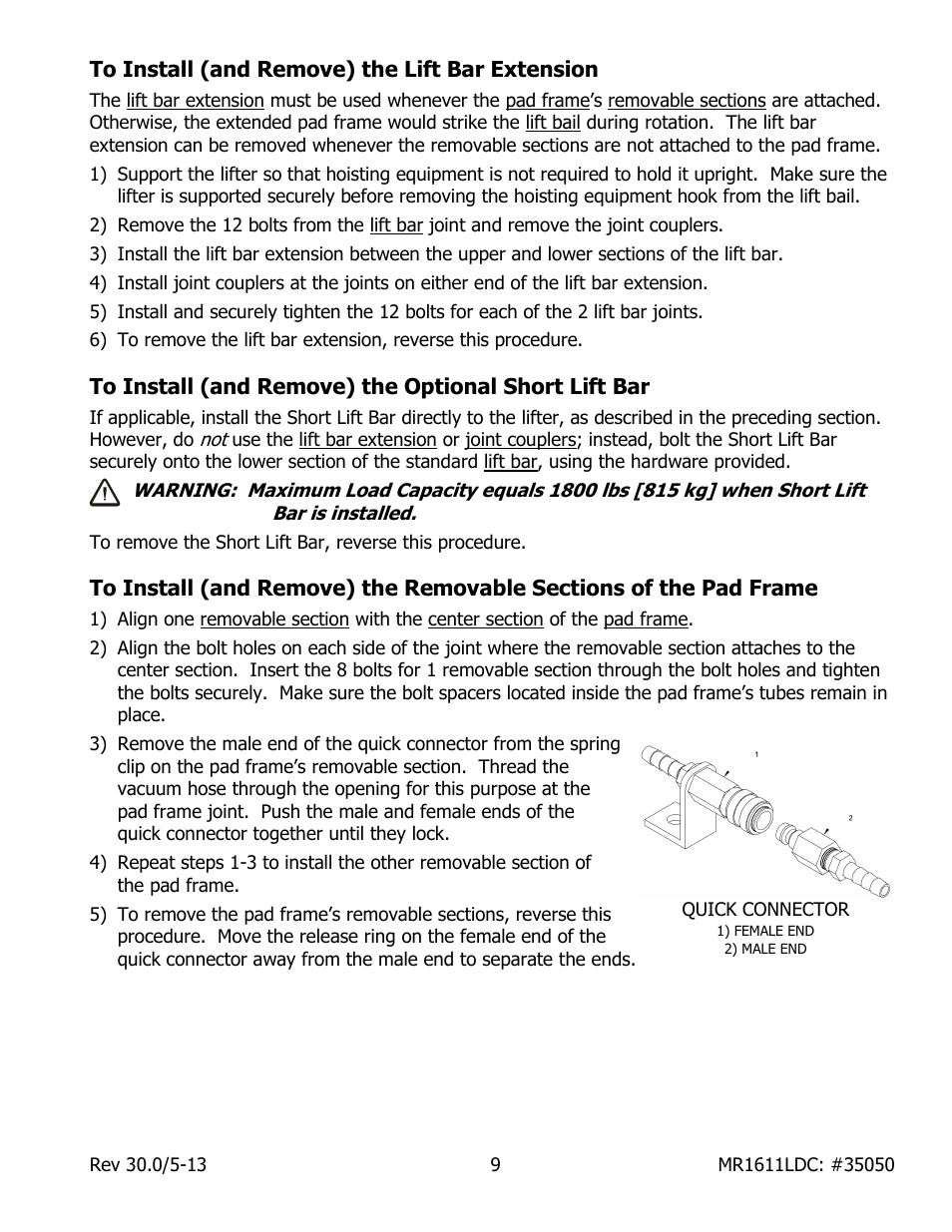 To install (and remove) the lift bar extension | Wood’s Powr-Grip MR1611LDC User Manual | Page 11 / 42