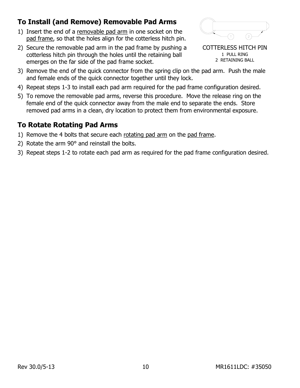 To install (and remove) removable pad arms, To rotate rotating pad arms | Wood’s Powr-Grip MR1611LDC User Manual | Page 12 / 42