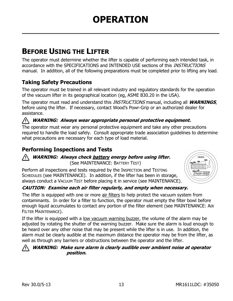 Operation, Efore, Sing the | Ifter, Taking safety precautions, Performing inspections and tests | Wood’s Powr-Grip MR1611LDC User Manual | Page 15 / 42