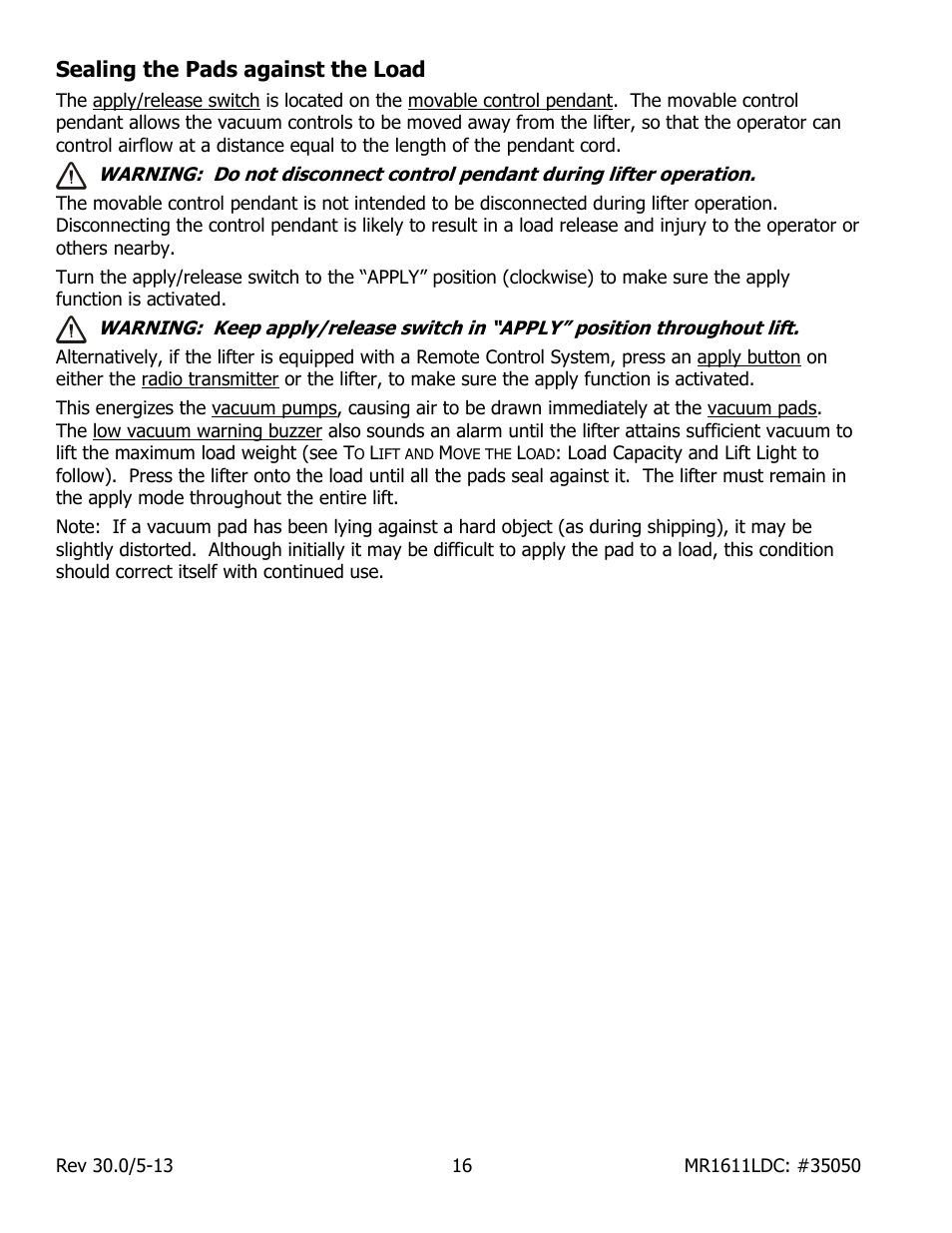 Sealing the pads against the load | Wood’s Powr-Grip MR1611LDC User Manual | Page 18 / 42