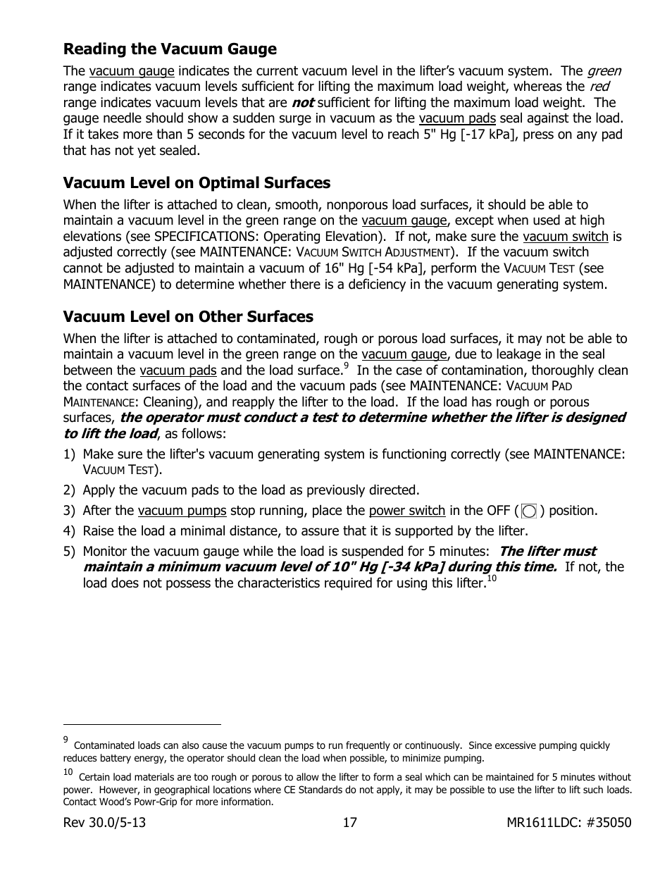 Reading the vacuum gauge, Vacuum level on optimal surfaces, Vacuum level on other surfaces | Wood’s Powr-Grip MR1611LDC User Manual | Page 19 / 42