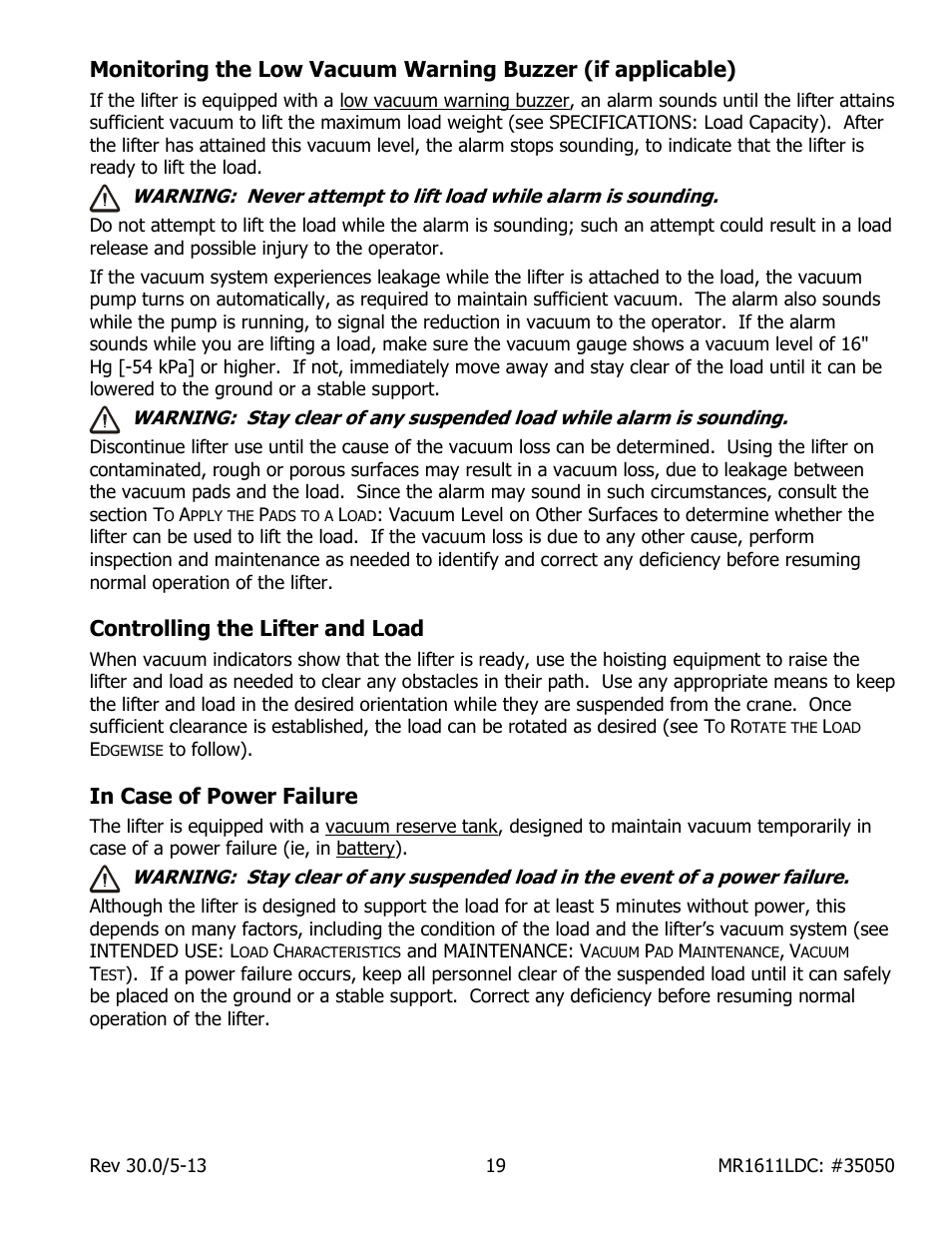 Controlling the lifter and load, In case of power failure | Wood’s Powr-Grip MR1611LDC User Manual | Page 21 / 42