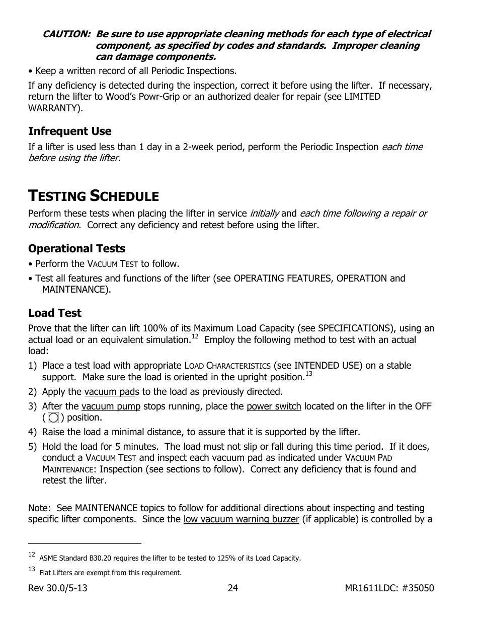 Infrequent use, Esting, Chedule | Operational tests, Load test | Wood’s Powr-Grip MR1611LDC User Manual | Page 26 / 42