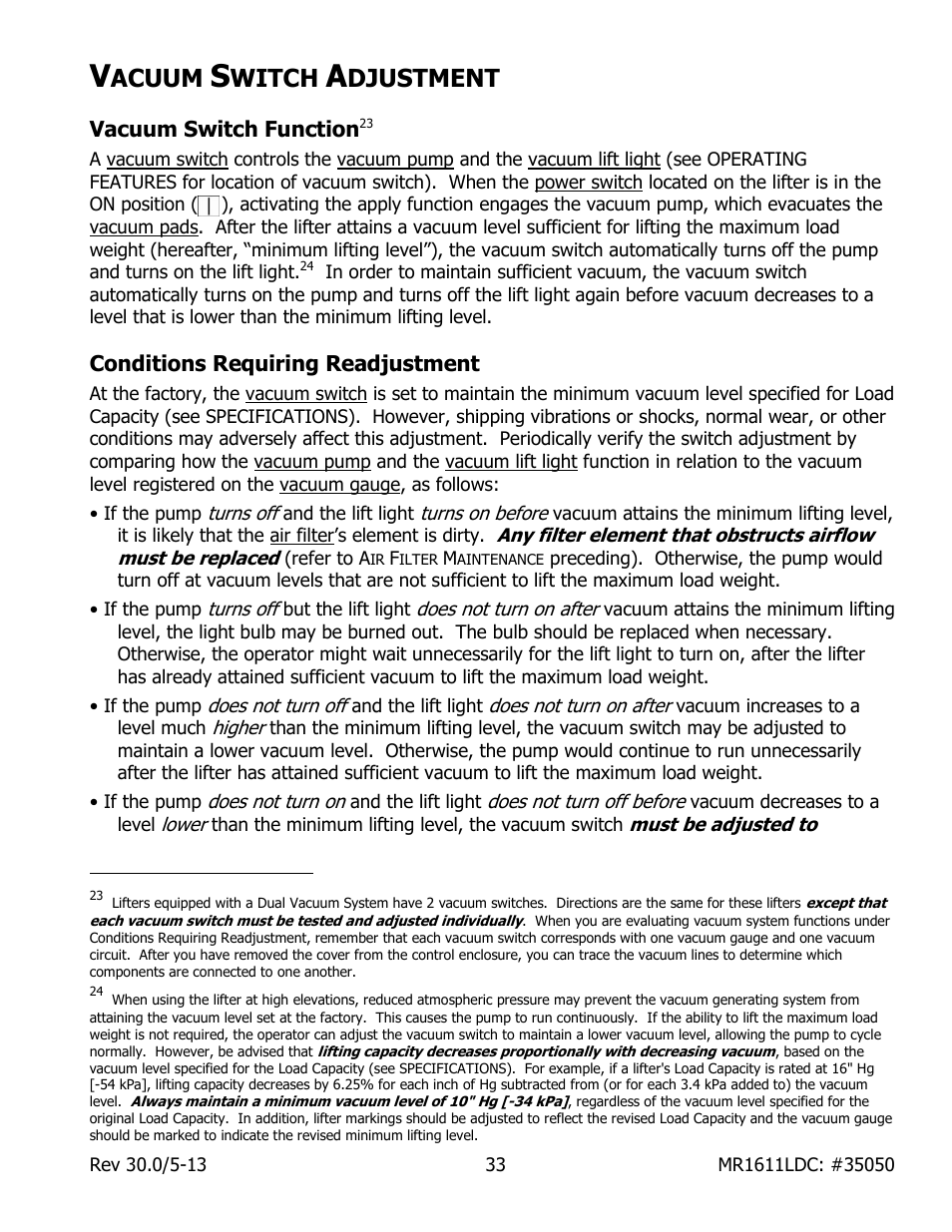 Acuum, Witch, Djustment | Vacuum switch function, Conditions requiring readjustment | Wood’s Powr-Grip MR1611LDC User Manual | Page 35 / 42