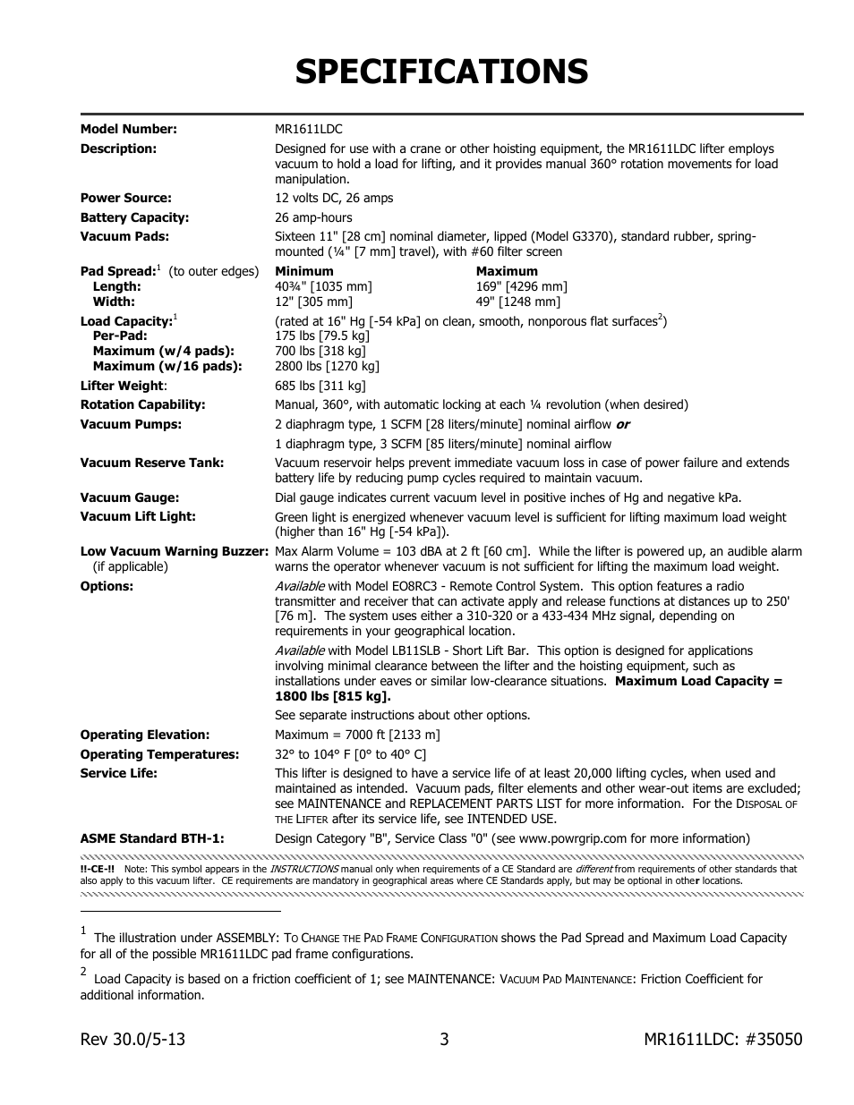 Specifications | Wood’s Powr-Grip MR1611LDC User Manual | Page 5 / 42