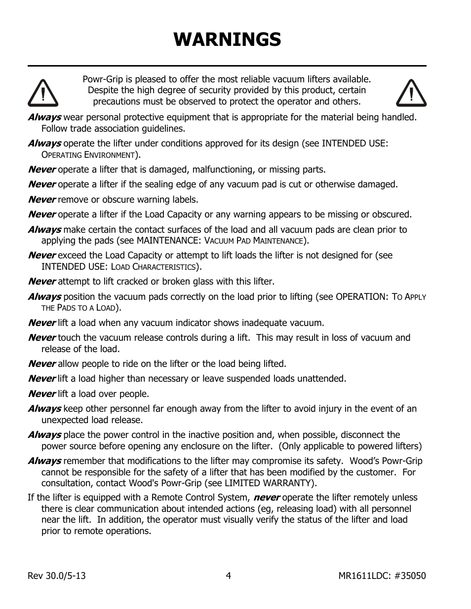 Warnings | Wood’s Powr-Grip MR1611LDC User Manual | Page 6 / 42