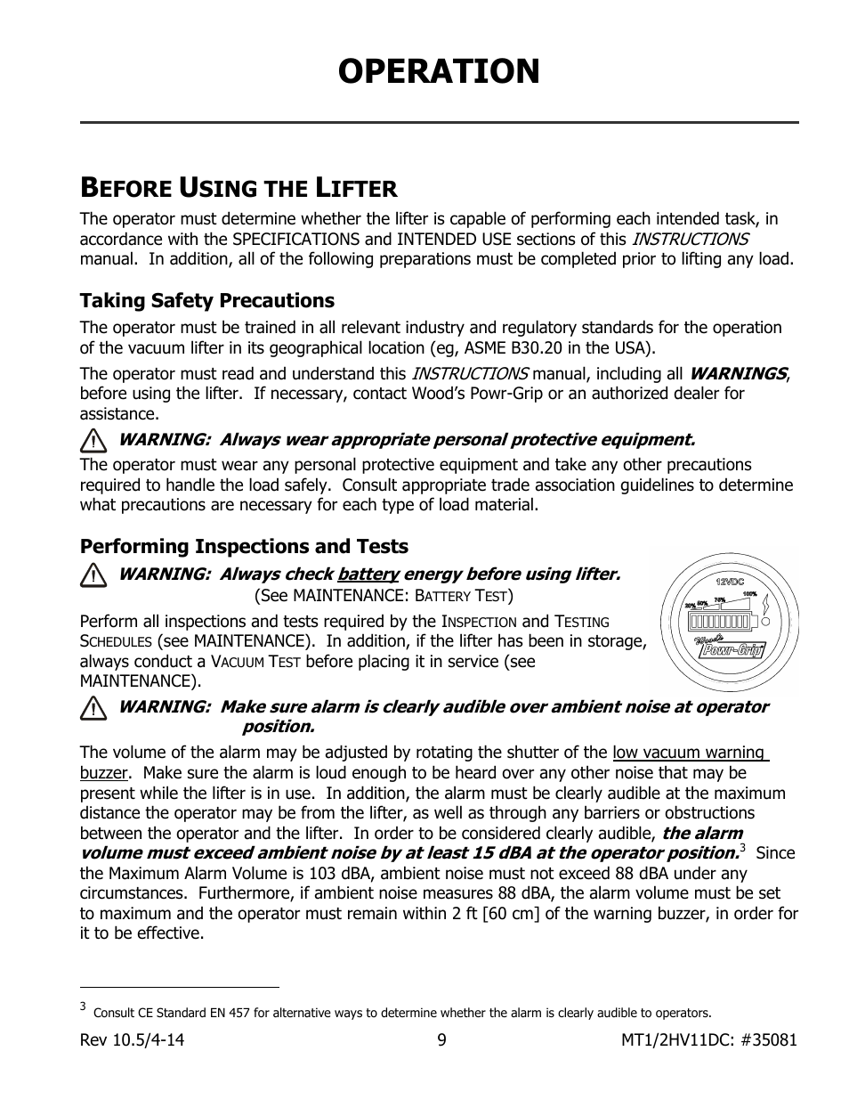 Operation, Efore, Sing the | Ifter, Taking safety precautions, Performing inspections and tests | Wood’s Powr-Grip MT1HV11DC User Manual | Page 11 / 30