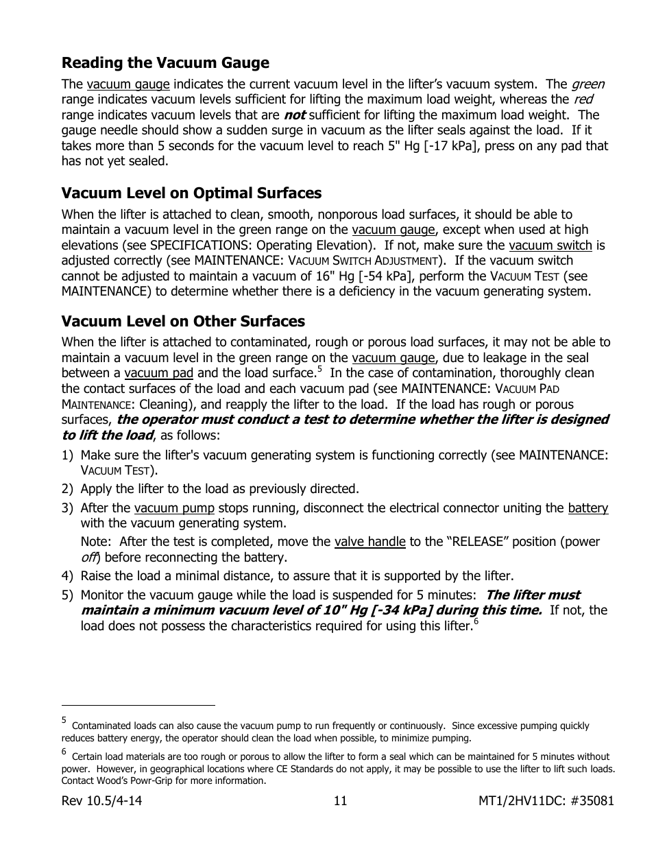 Reading the vacuum gauge, Vacuum level on optimal surfaces, Vacuum level on other surfaces | Wood’s Powr-Grip MT1HV11DC User Manual | Page 13 / 30