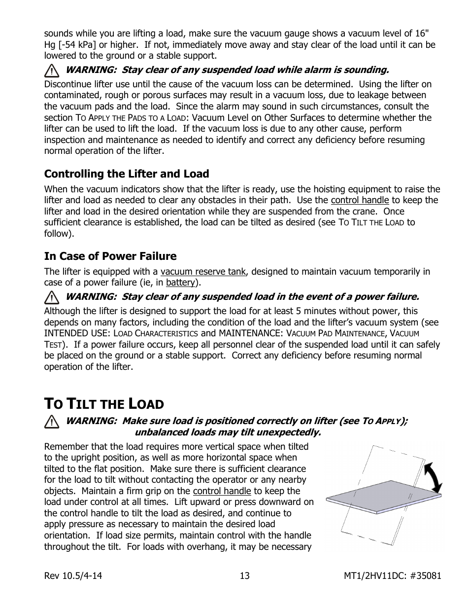 Controlling the lifter and load, In case of power failure, Ilt the | Wood’s Powr-Grip MT1HV11DC User Manual | Page 15 / 30