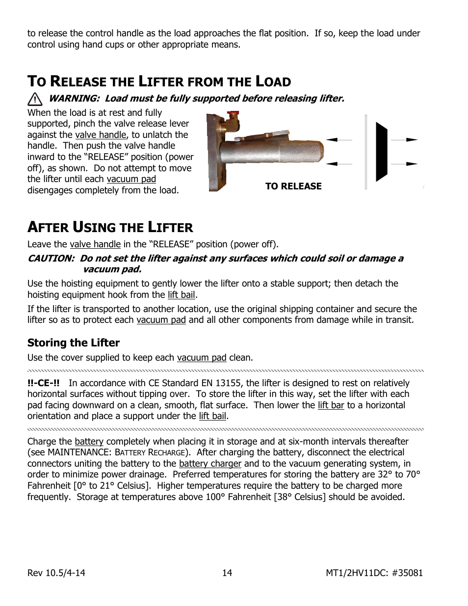 Elease the, Ifter from the, Fter | Sing the, Ifter, Storing the lifter | Wood’s Powr-Grip MT1HV11DC User Manual | Page 16 / 30
