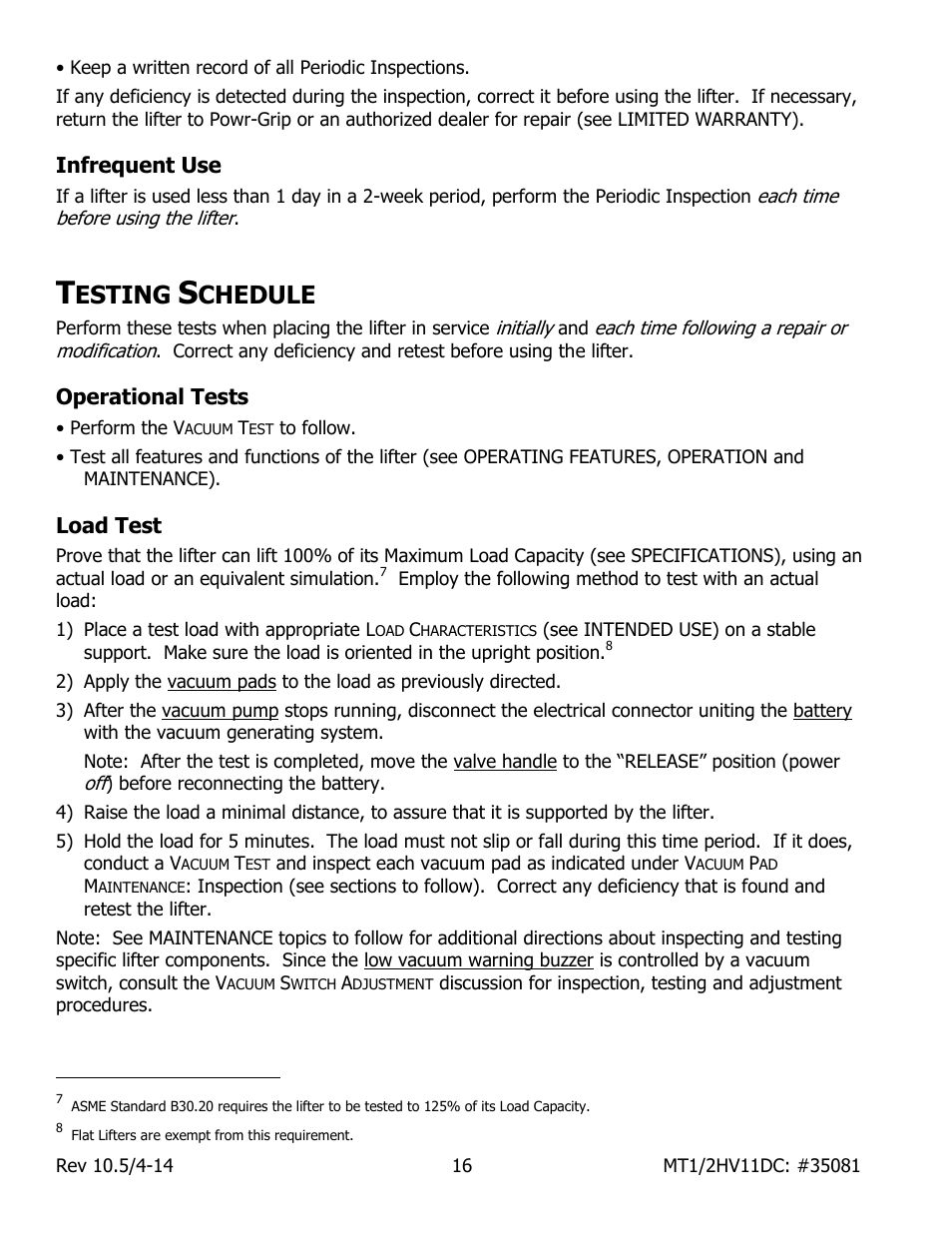 Infrequent use, Esting, Chedule | Operational tests, Load test | Wood’s Powr-Grip MT1HV11DC User Manual | Page 18 / 30