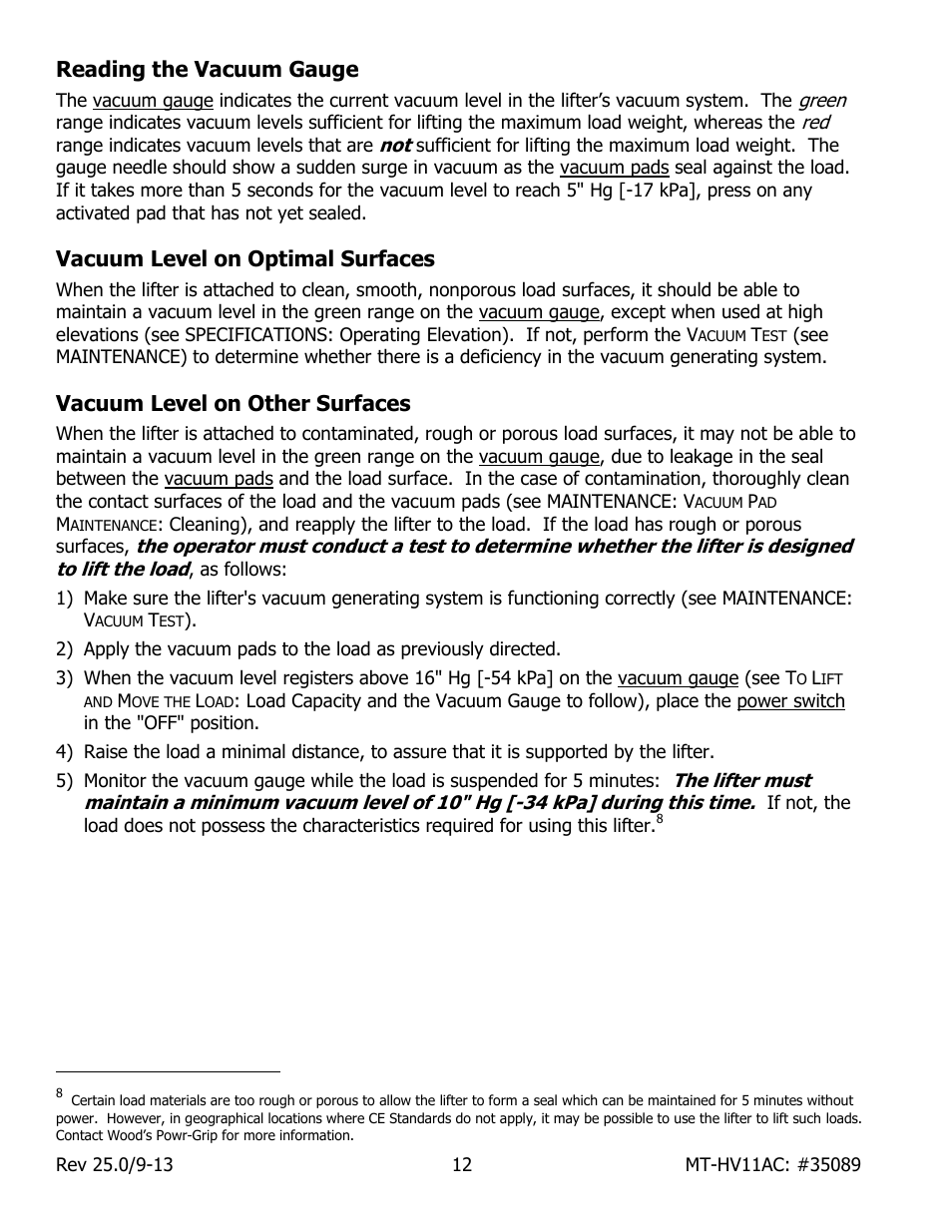 Reading the vacuum gauge, Vacuum level on optimal surfaces, Vacuum level on other surfaces | Wood’s Powr-Grip MT10FS10TAC User Manual | Page 14 / 26