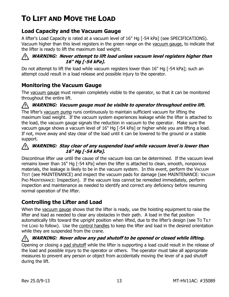 Ift and, Ove the, Load capacity and the vacuum gauge | Monitoring the vacuum gauge, Controlling the lifter and load | Wood’s Powr-Grip MT10FS10TAC User Manual | Page 15 / 26
