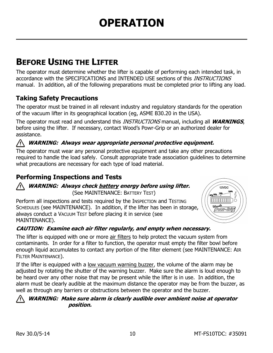 Operation, Efore, Sing the | Ifter, Taking safety precautions, Performing inspections and tests | Wood’s Powr-Grip MT10FS10TDC User Manual | Page 12 / 36