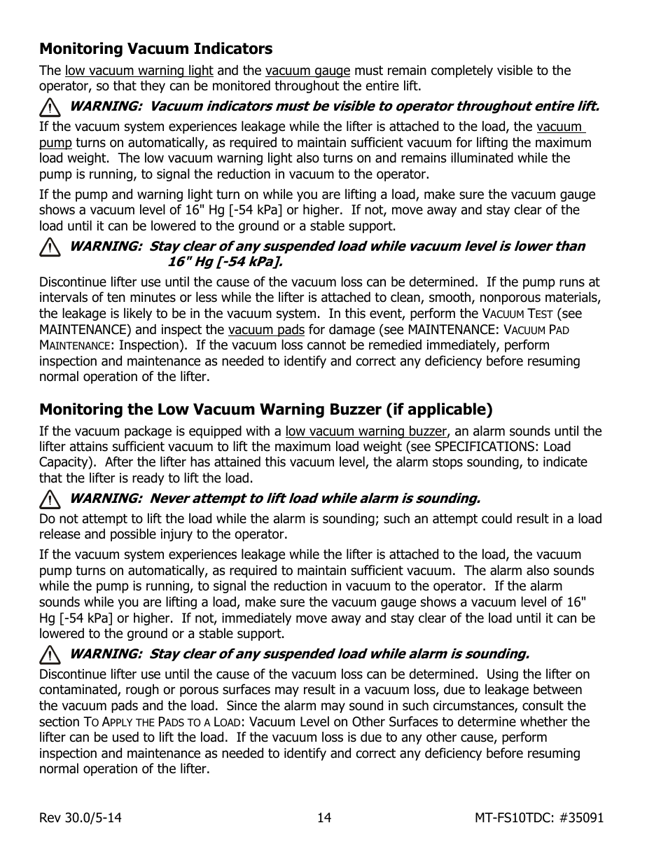 Monitoring vacuum indicators | Wood’s Powr-Grip MT10FS10TDC User Manual | Page 16 / 36