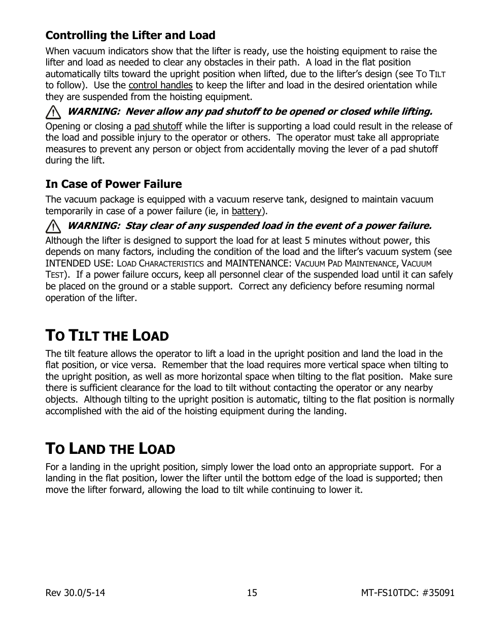 Controlling the lifter and load, In case of power failure, Ilt the | And the | Wood’s Powr-Grip MT10FS10TDC User Manual | Page 17 / 36