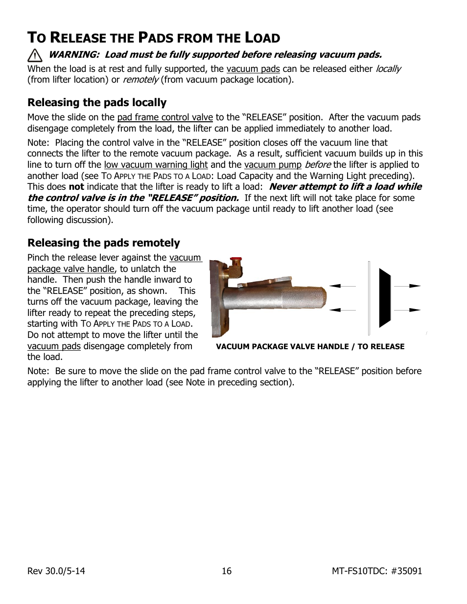 Elease the, Ads from the, Releasing the pads locally | Releasing the pads remotely | Wood’s Powr-Grip MT10FS10TDC User Manual | Page 18 / 36
