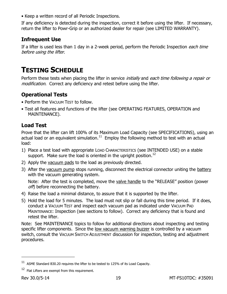 Infrequent use, Esting, Chedule | Operational tests, Load test | Wood’s Powr-Grip MT10FS10TDC User Manual | Page 21 / 36