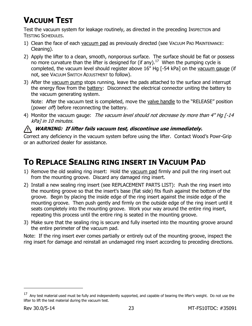 Acuum, Eplace, Ealing ring insert in | Wood’s Powr-Grip MT10FS10TDC User Manual | Page 25 / 36