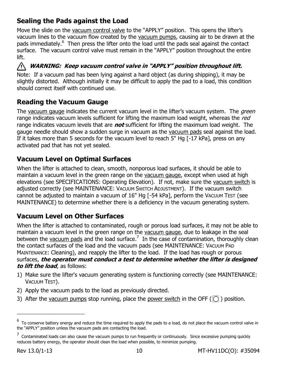 Sealing the pads against the load, Reading the vacuum gauge, Vacuum level on optimal surfaces | Vacuum level on other surfaces | Wood’s Powr-Grip MT10FS10TAIR User Manual | Page 12 / 28