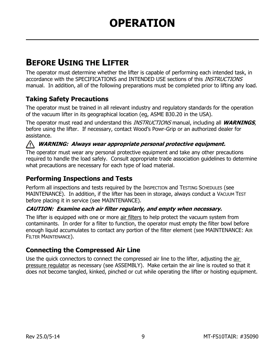 Operation, Efore, Sing the | Ifter, Taking safety precautions, Performing inspections and tests, Connecting the compressed air line | Wood’s Powr-Grip MT10FS10TAIR User Manual | Page 11 / 25