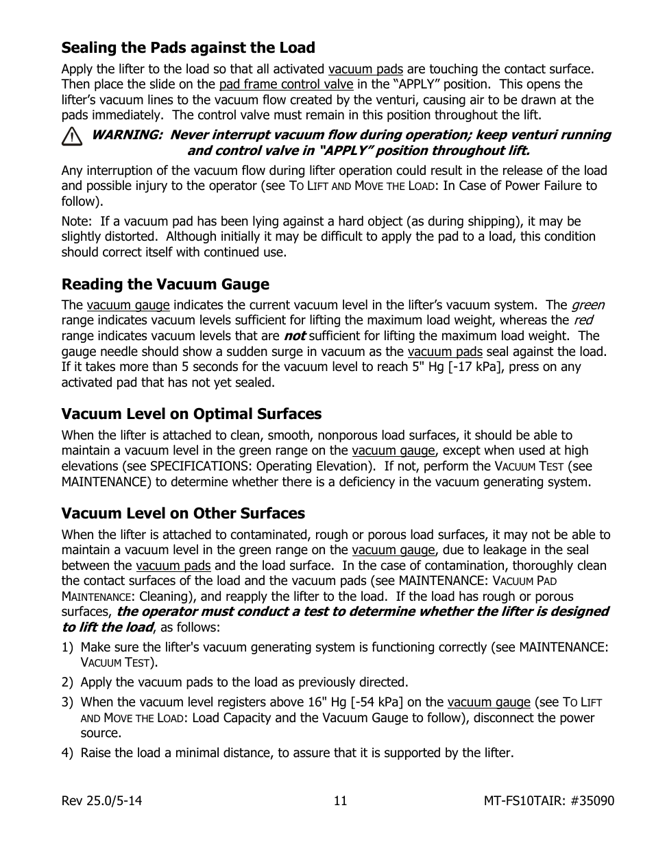 Sealing the pads against the load, Reading the vacuum gauge, Vacuum level on optimal surfaces | Vacuum level on other surfaces | Wood’s Powr-Grip MT10FS10TAIR User Manual | Page 13 / 25