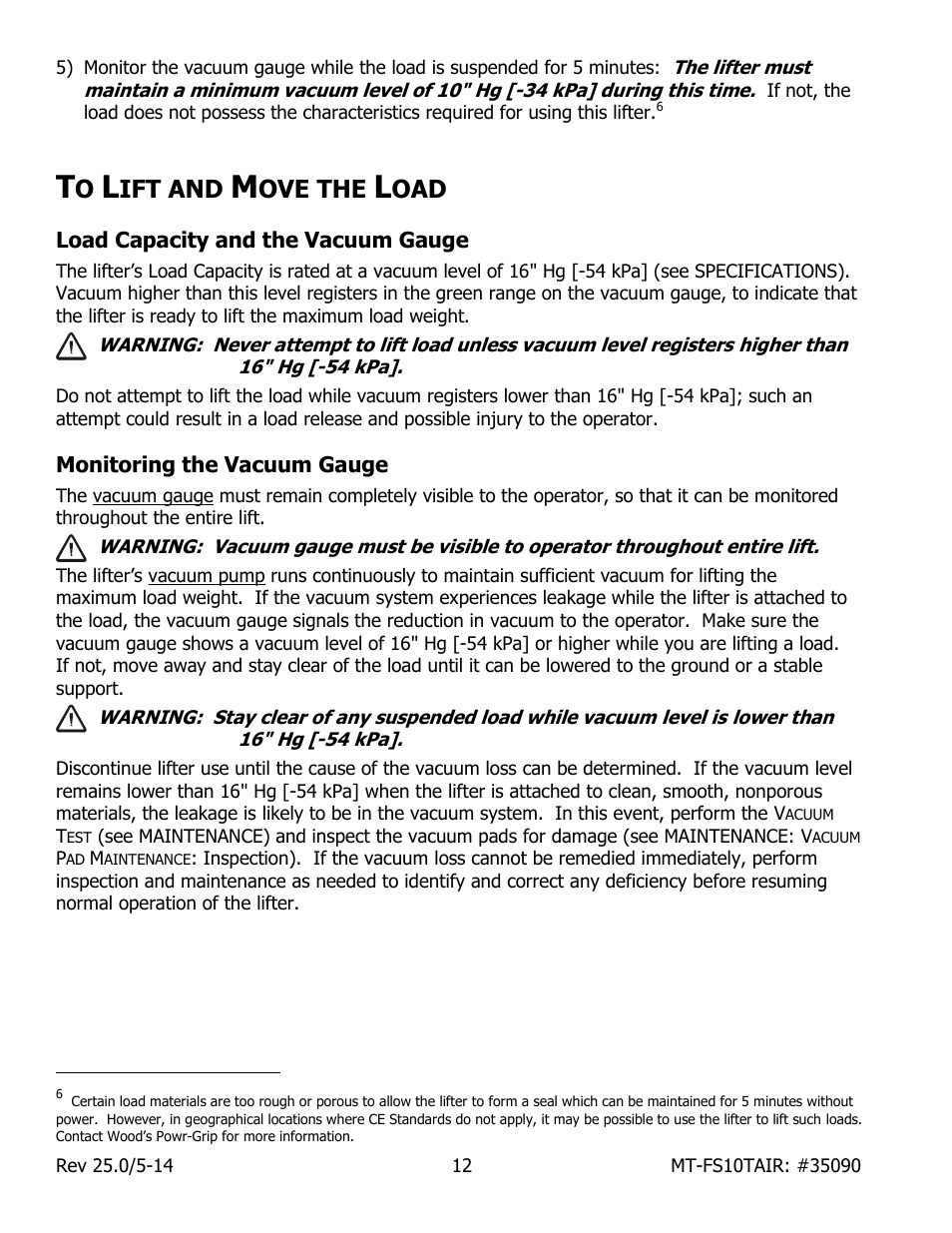 Ift and, Ove the, Load capacity and the vacuum gauge | Monitoring the vacuum gauge | Wood’s Powr-Grip MT10FS10TAIR User Manual | Page 14 / 25