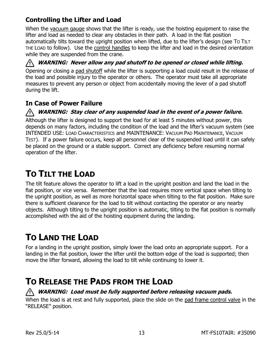 Controlling the lifter and load, In case of power failure, Ilt the | And the, Elease the, Ads from the | Wood’s Powr-Grip MT10FS10TAIR User Manual | Page 15 / 25