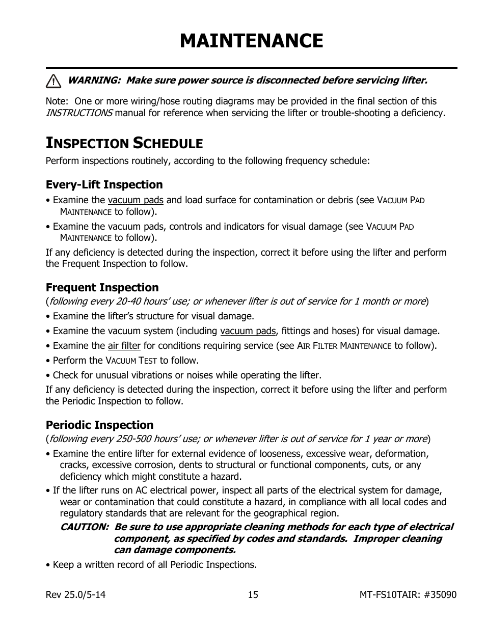 Maintenance, Nspection, Chedule | Every-lift inspection, Frequent inspection, Periodic inspection | Wood’s Powr-Grip MT10FS10TAIR User Manual | Page 17 / 25