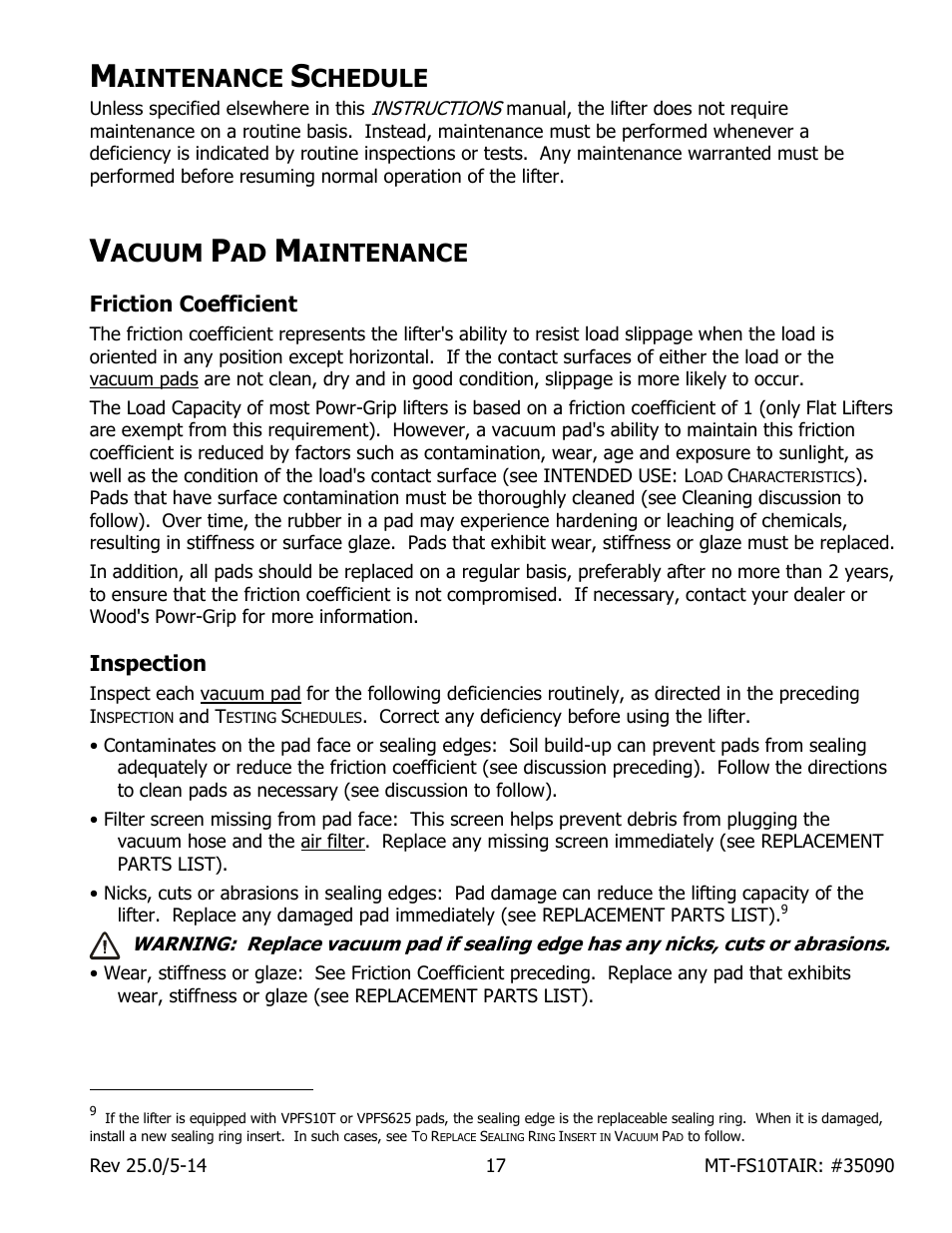 Aintenance, Chedule, Acuum | Friction coefficient, Inspection | Wood’s Powr-Grip MT10FS10TAIR User Manual | Page 19 / 25