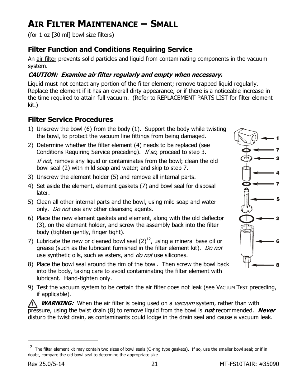 Ilter, Aintenance, Mall | Filter function and conditions requiring service, Filter service procedures | Wood’s Powr-Grip MT10FS10TAIR User Manual | Page 23 / 25