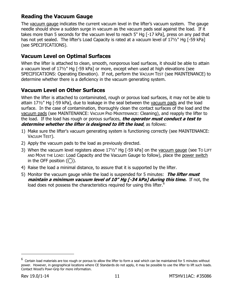 Reading the vacuum gauge, Vacuum level on optimal surfaces, Vacuum level on other surfaces | Wood’s Powr-Grip MT5HV11AC User Manual | Page 13 / 27