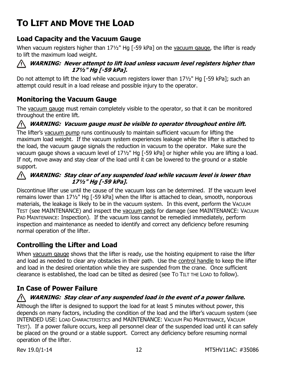 Ift and, Ove the, Load capacity and the vacuum gauge | Monitoring the vacuum gauge, Controlling the lifter and load, In case of power failure | Wood’s Powr-Grip MT5HV11AC User Manual | Page 14 / 27