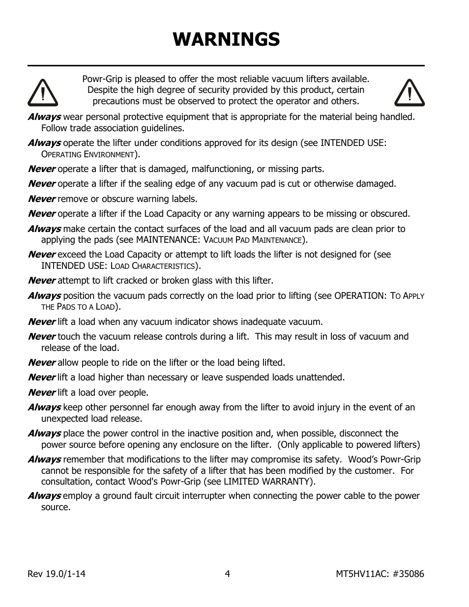 Warnings | Wood’s Powr-Grip MT5HV11AC User Manual | Page 6 / 27
