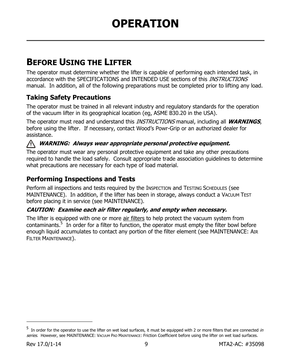 Operation, Efore, Sing the | Ifter, Taking safety precautions, Performing inspections and tests | Wood’s Powr-Grip MTA2HV11AC User Manual | Page 11 / 27
