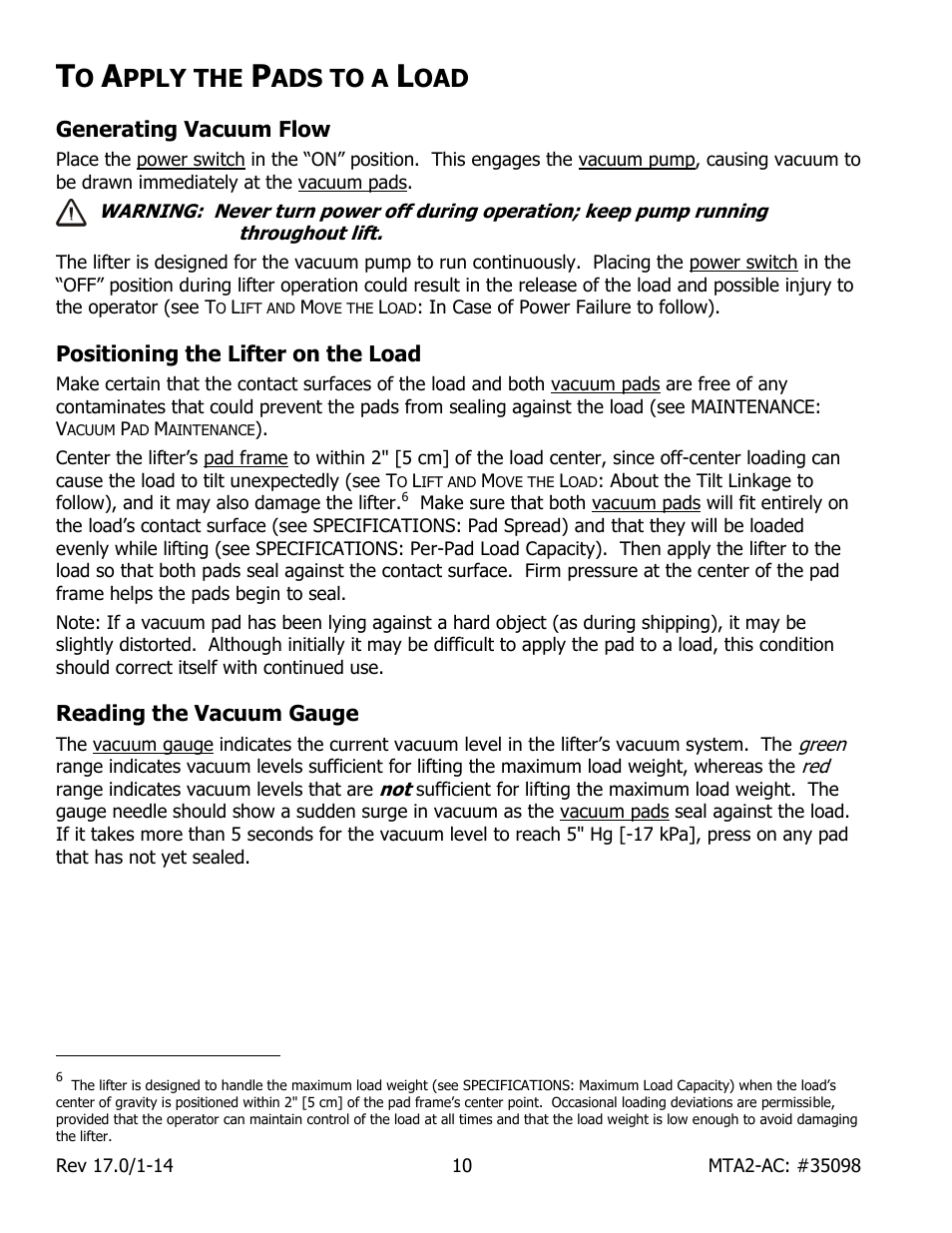 Pply the, Ads to a, Generating vacuum flow | Positioning the lifter on the load, Reading the vacuum gauge | Wood’s Powr-Grip MTA2HV11AC User Manual | Page 12 / 27