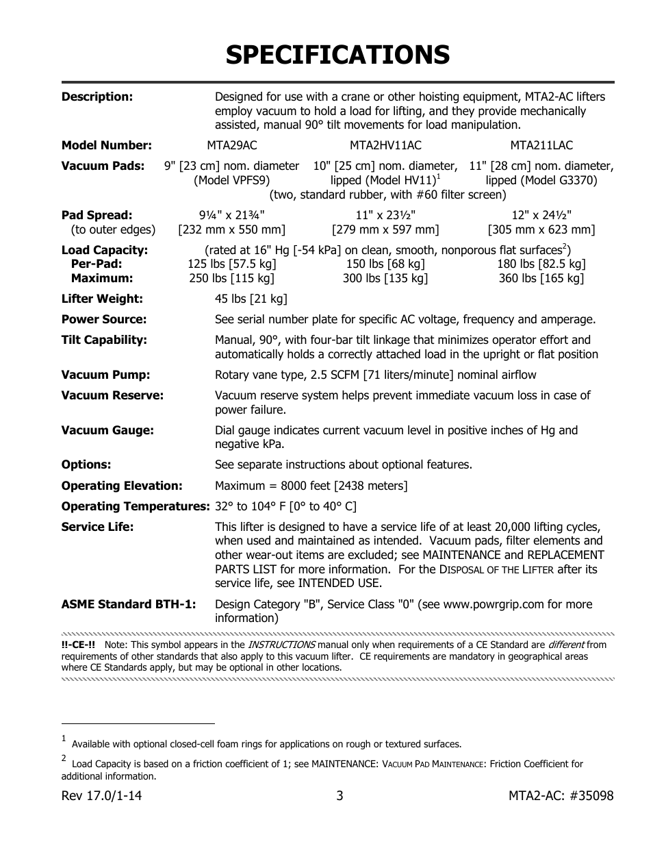 Specifications | Wood’s Powr-Grip MTA2HV11AC User Manual | Page 5 / 27