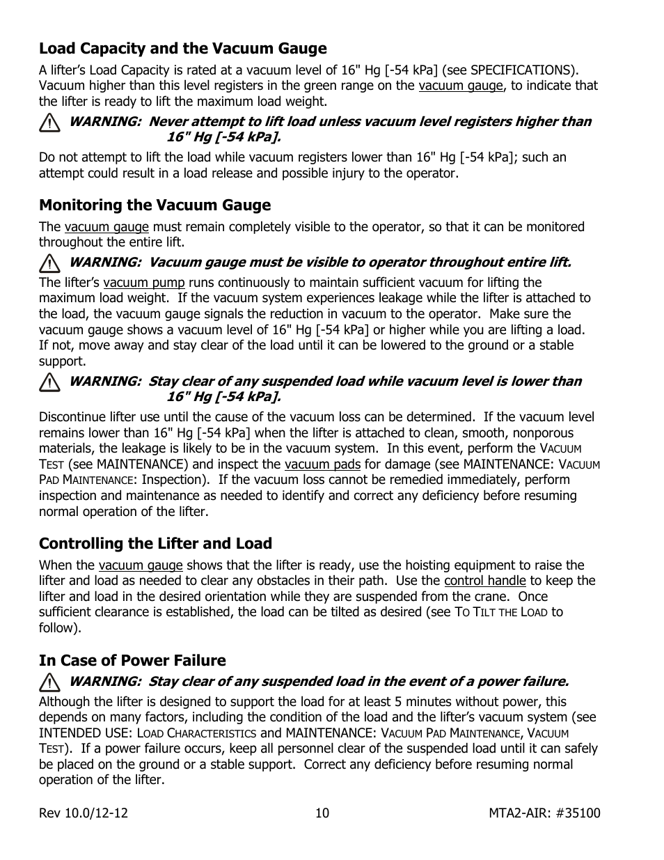 Load capacity and the vacuum gauge, Monitoring the vacuum gauge, Controlling the lifter and load | Wood’s Powr-Grip MTA2HV11AIR User Manual | Page 12 / 20