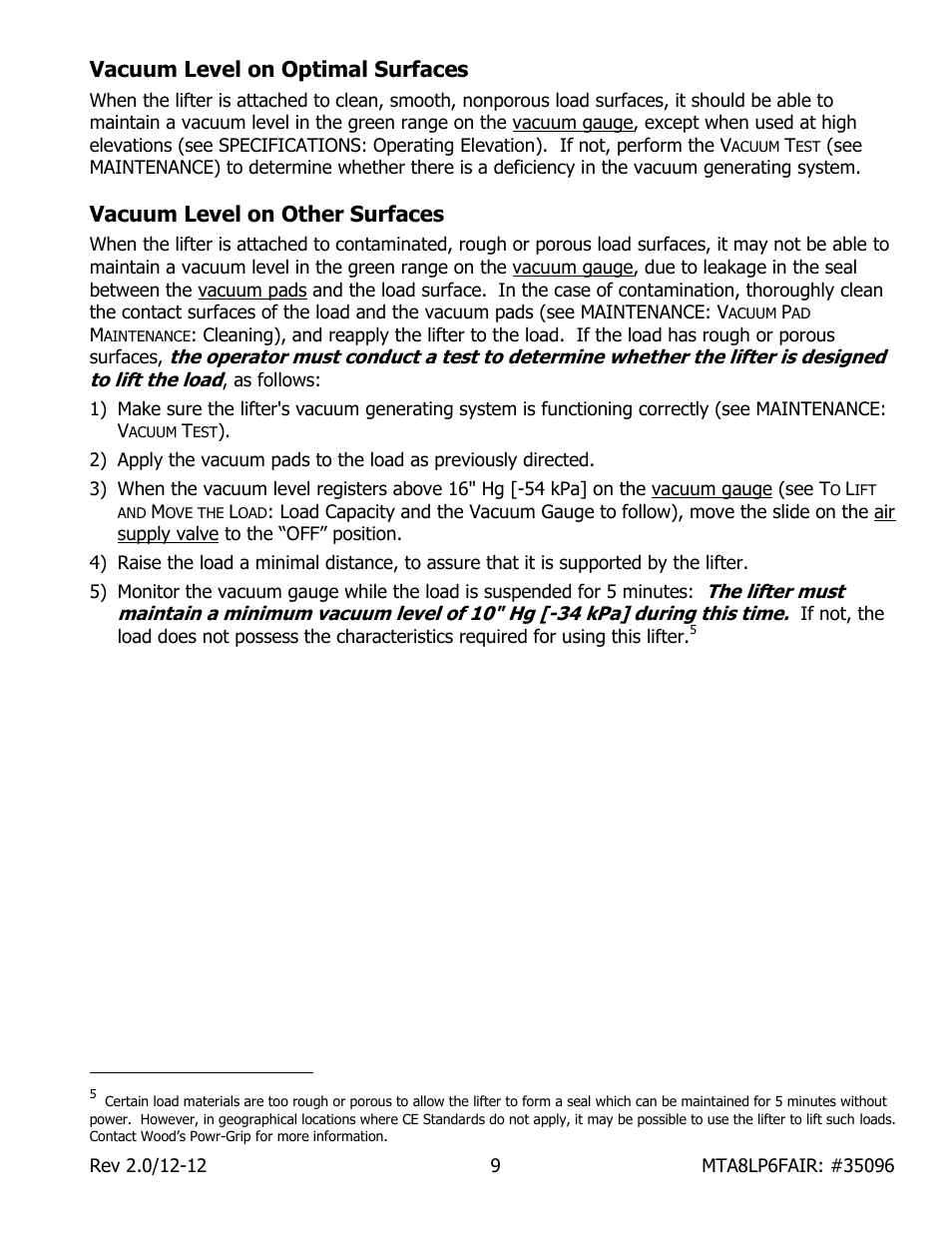 Vacuum level on optimal surfaces, Vacuum level on other surfaces | Wood’s Powr-Grip MTA8LP6FAIR User Manual | Page 11 / 22