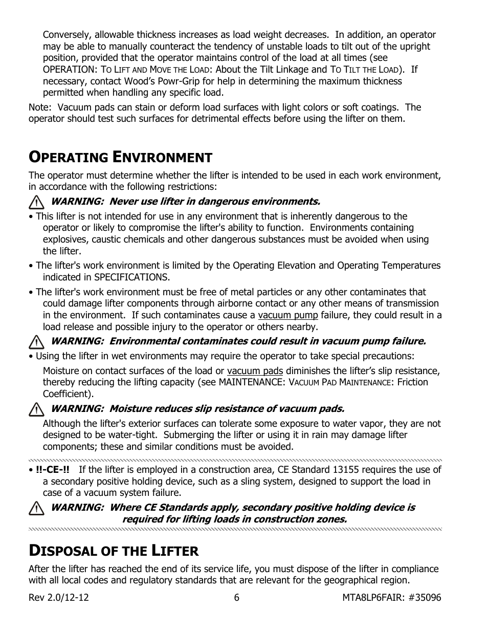 Perating, Nvironment, Isposal of the | Ifter | Wood’s Powr-Grip MTA8LP6FAIR User Manual | Page 8 / 22