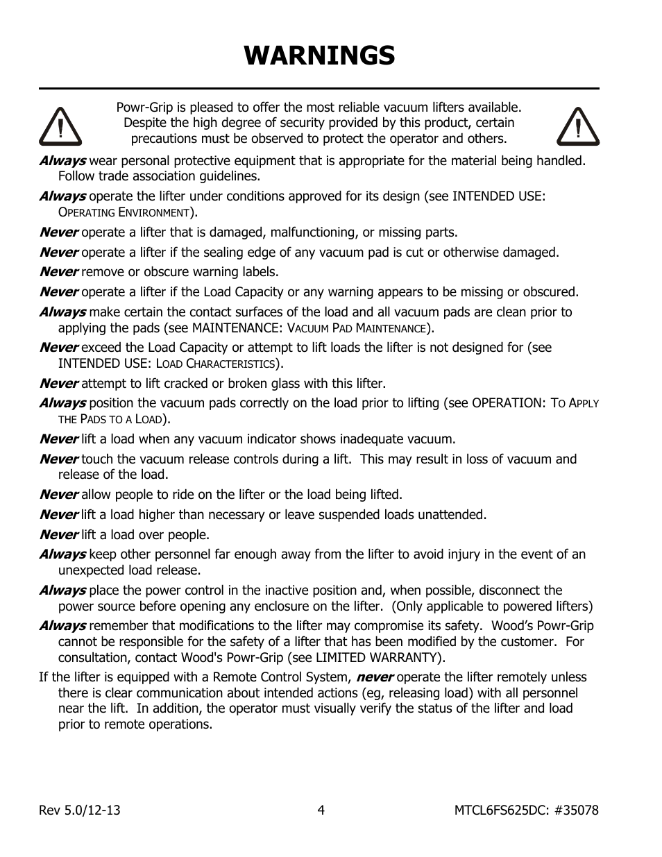 Warnings | Wood’s Powr-Grip MTCL6FS625DC User Manual | Page 6 / 42