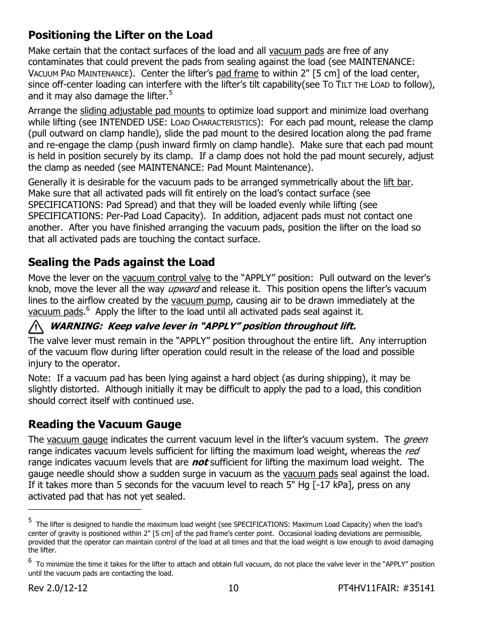 Positioning the lifter on the load, Sealing the pads against the load, Reading the vacuum gauge | Wood’s Powr-Grip PT4FS10TAIR User Manual | Page 12 / 26
