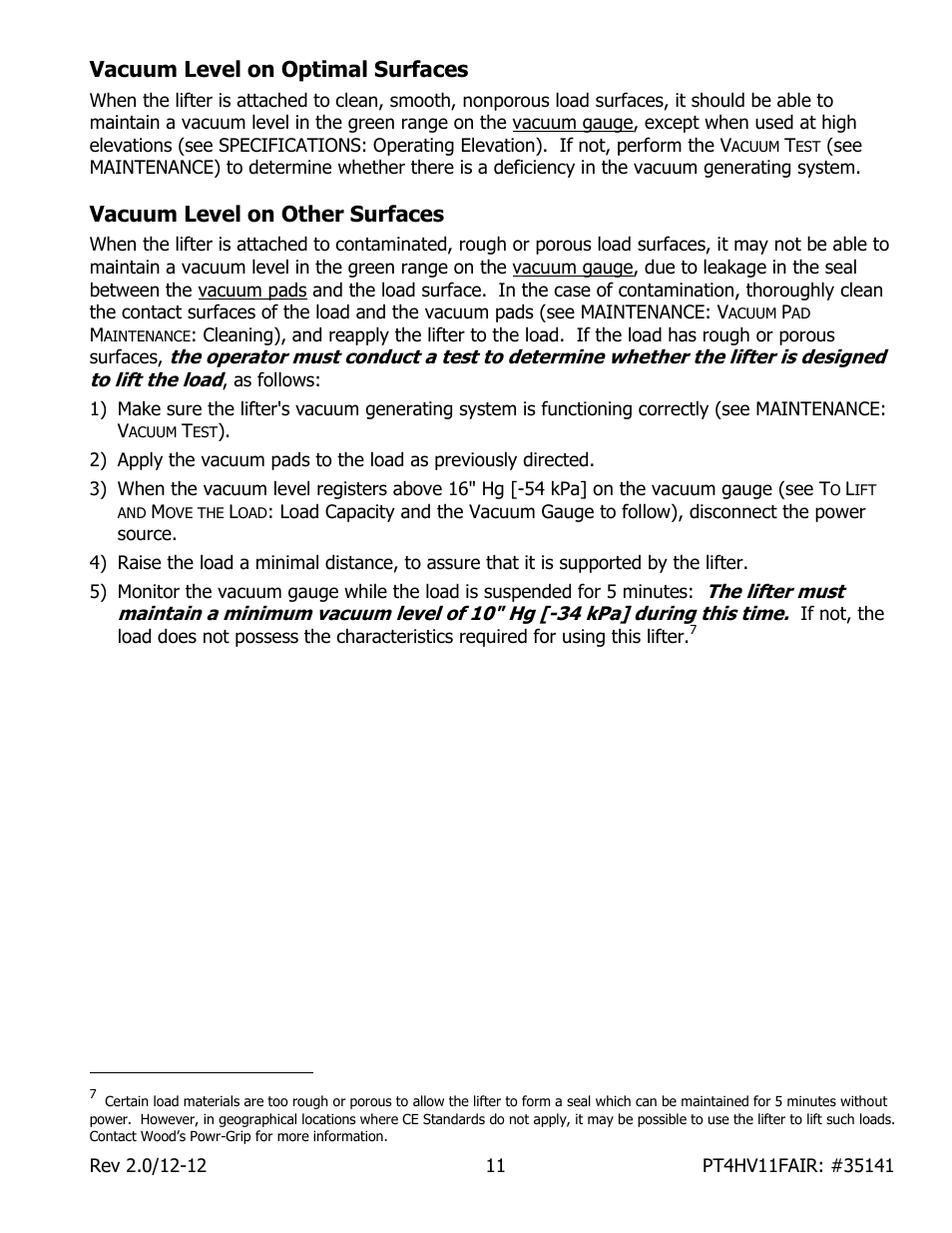 Vacuum level on optimal surfaces, Vacuum level on other surfaces | Wood’s Powr-Grip PT4FS10TAIR User Manual | Page 13 / 26