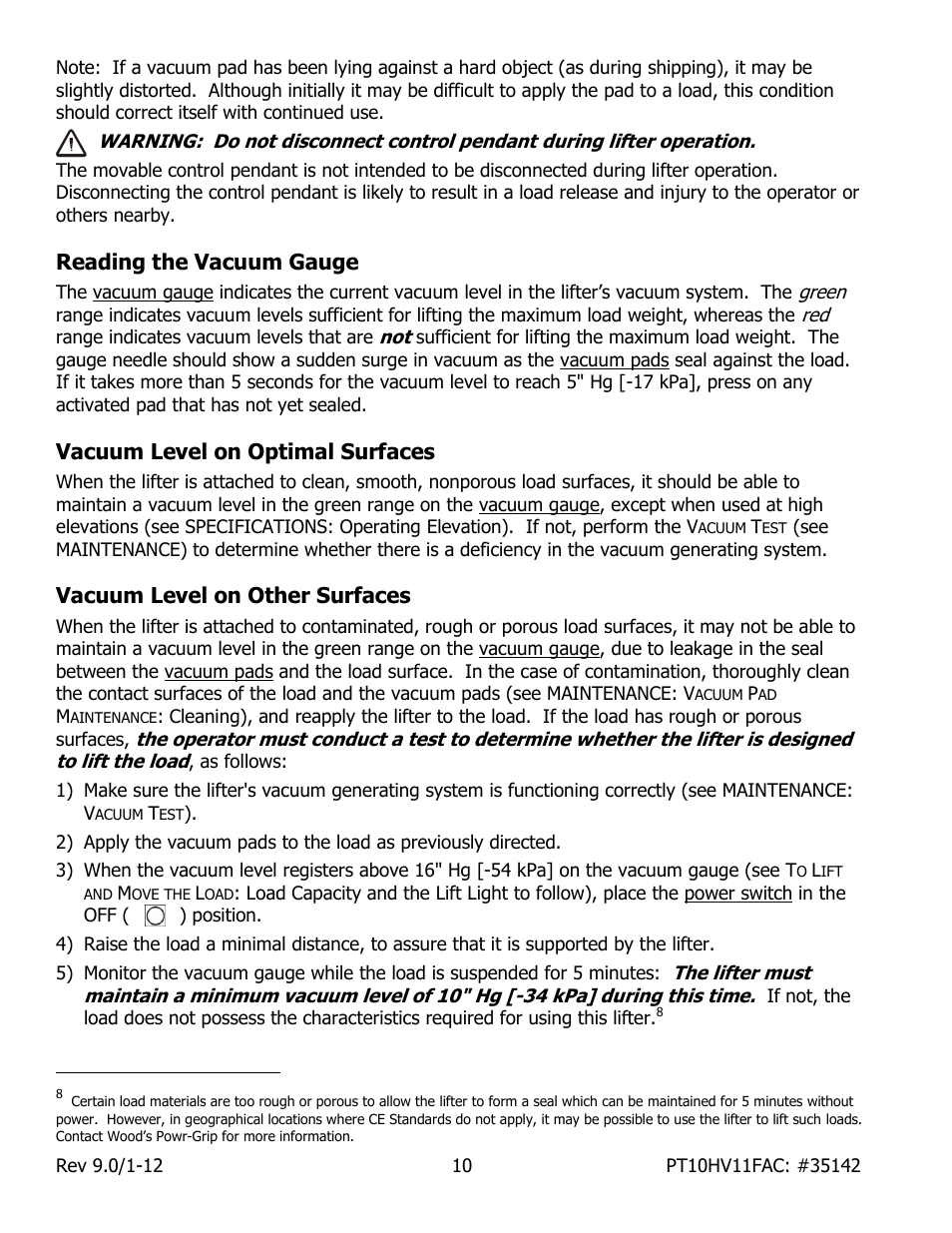 Reading the vacuum gauge, Vacuum level on optimal surfaces, Vacuum level on other surfaces | Wood’s Powr-Grip PT10FS10TAC User Manual | Page 12 / 25